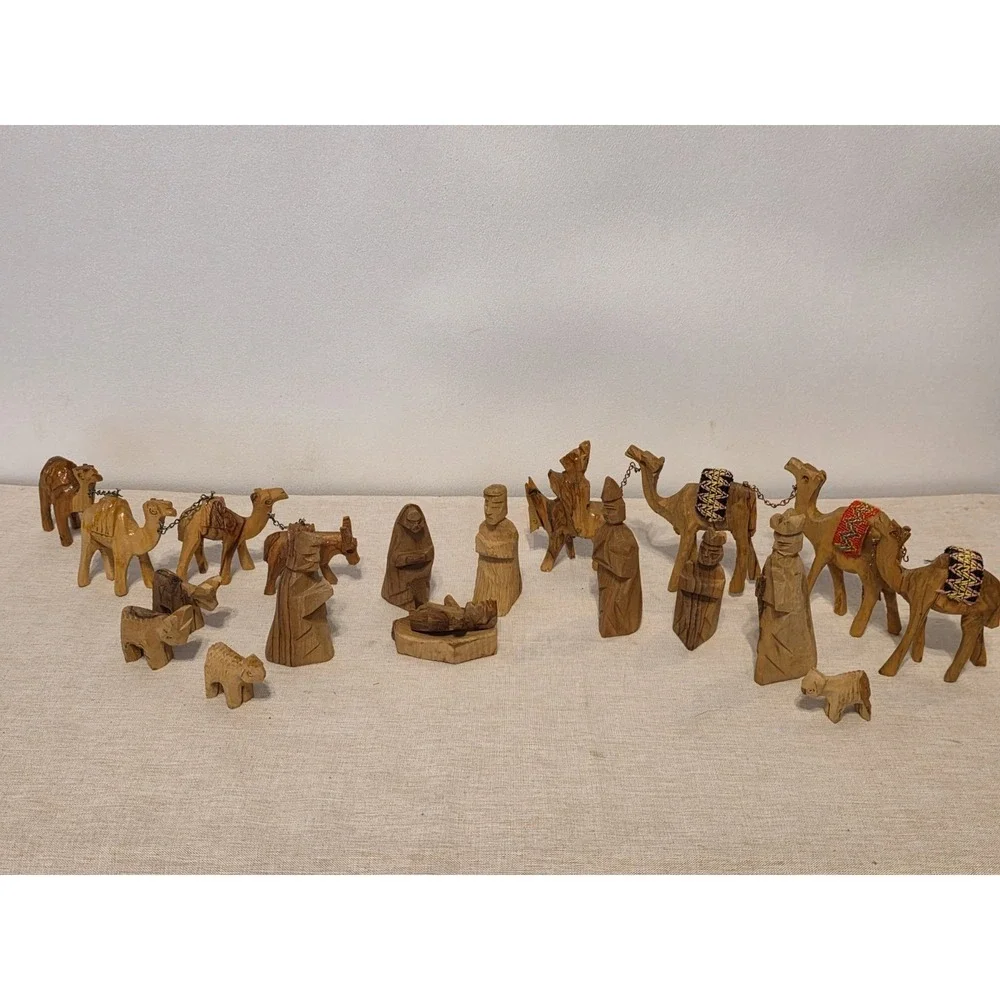 Vintage Hand Carved Wood Nativity Set 20 Pieces Christmas Decor